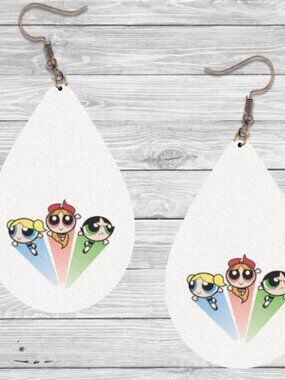 Powerpuff Girls Earrings: 90's Cartoon Wooden Teardrop Hypoallergenic Earrings